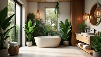 Fototapeta premium A tropical bathroom with lush plants, wood accents, and natural stone. A fresh, serene space that creates a calm, nature-inspired retreat, perfect for relaxation.