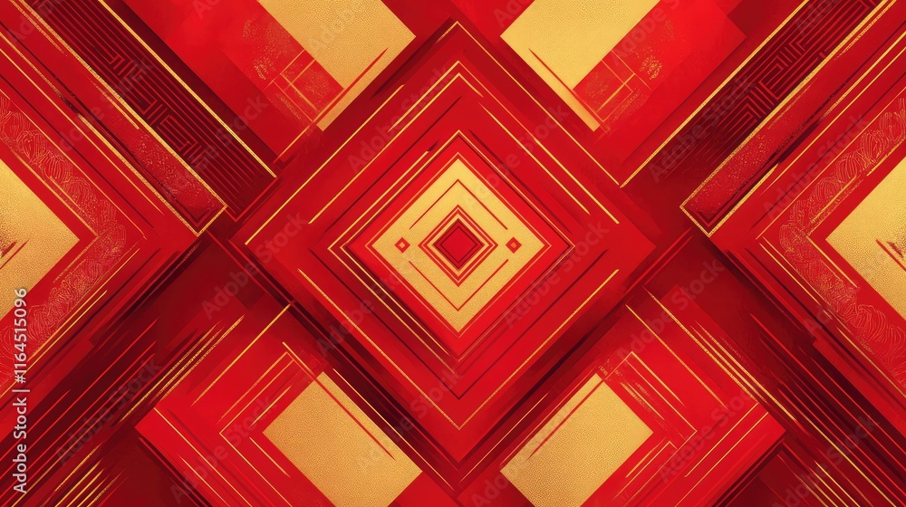 Fototapete modern chinese new year design with angular geometric patterns, combining rich red and gold tones fo