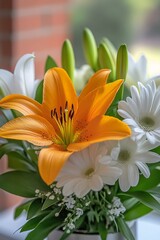 Obraz premium Vibrant Orange Lily and White Daisy Bouquet A Cheerful Floral Arrangement for Spring