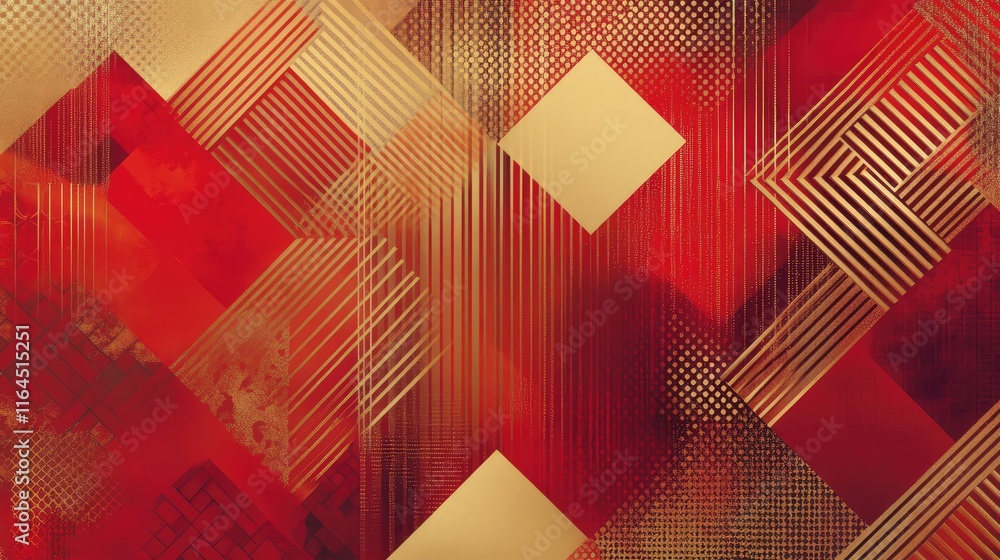Fototapete Modern Chinese New Year design with angular geometric patterns, combining rich red and gold tones for celebration.