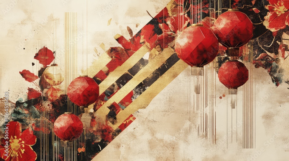 Fototapete modern chinese new year design with angular geometric patterns, combining rich red and gold tones fo