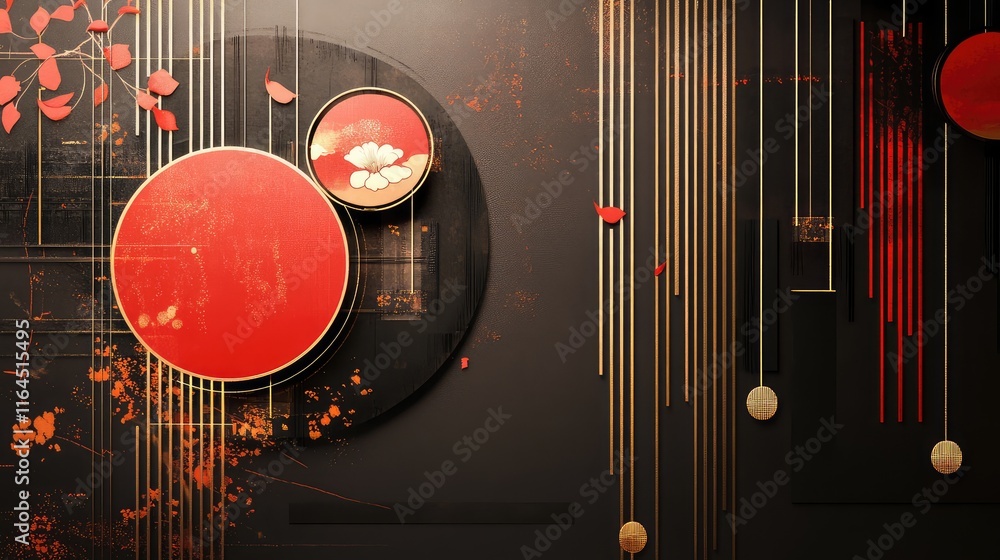 Fototapete modern chinese new year design with layered red and gold elements and a minimalist geometric structu