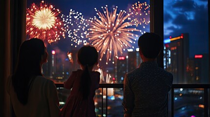 A family gathered on a balcony, watching fireworks light up the night sky during Chinese New Year.
