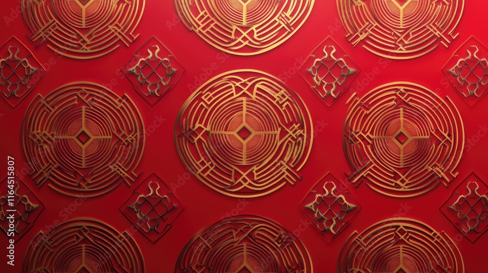 Fototapete modern chinese new year design with symmetrical geometric patterns in red and gold, symbolizing good