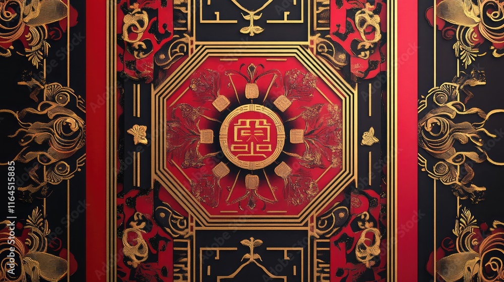 Fototapete modern chinese new year design with symmetrical geometric patterns in red and gold, symbolizing good