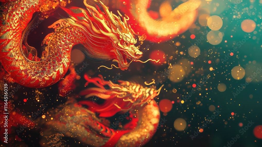 Fototapete modern chinese zodiac abstract patterns with vibrant red and gold zodiac symbols floating in motion.