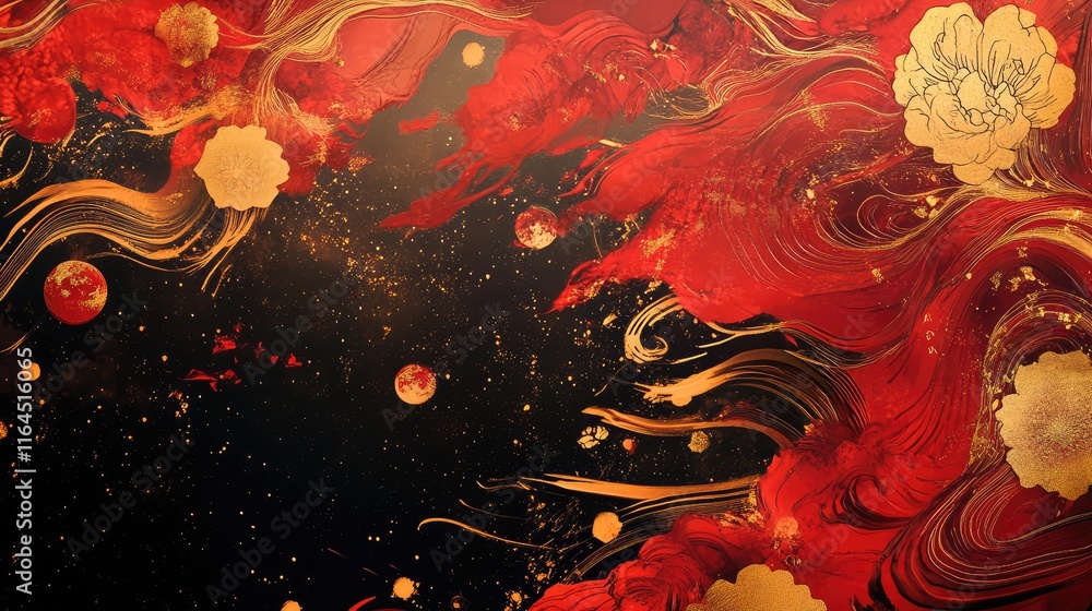 Fototapete modern chinese zodiac abstract patterns with vibrant red and gold zodiac symbols floating in motion.