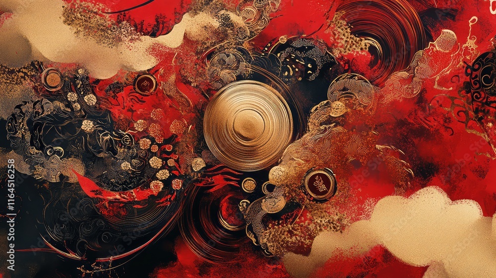 Fototapete modern chinese zodiac abstract patterns with vibrant red and gold zodiac symbols floating in motion.