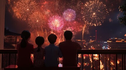 A family gathered on a balcony, watching fireworks light up the night sky during Chinese New Year.
