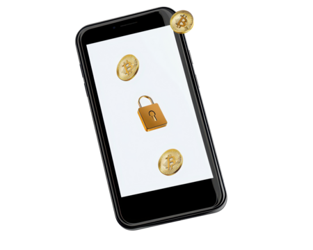 Isolated Smartphone with Bitcoin Lock Icon