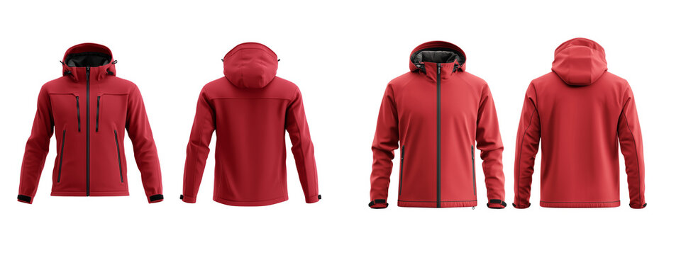 set of A Red softshell jacket with hood, front and back view isolated on a white background mockup template.  on a Transparent Background
