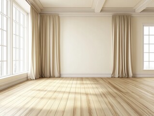A large room with white walls and wooden floors. There are two windows in the room. The curtains are white