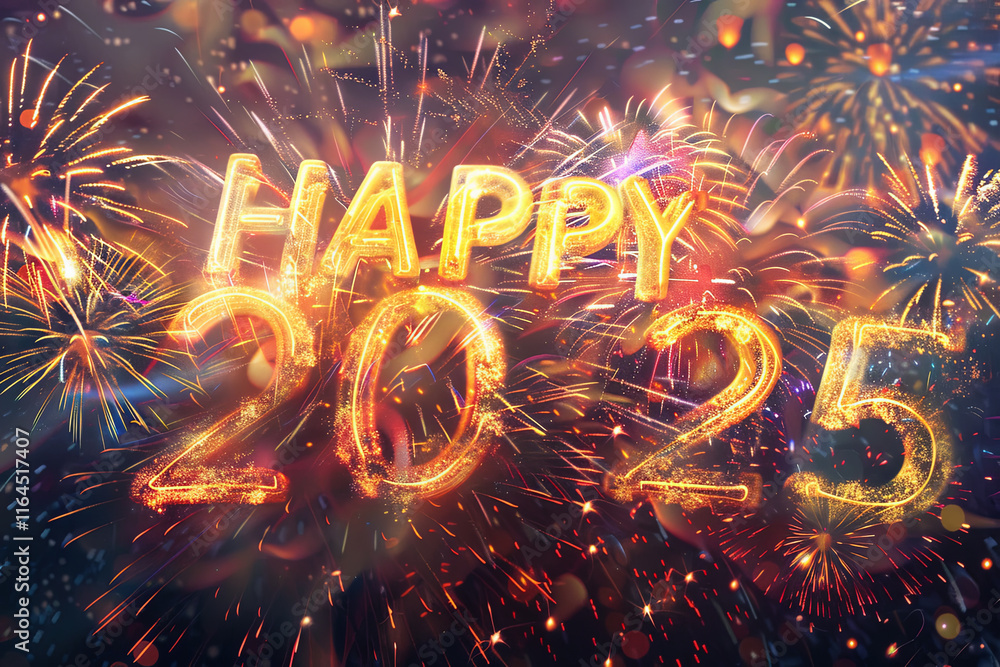 Poster a fireworks display with the number twenty-five written in gold letters