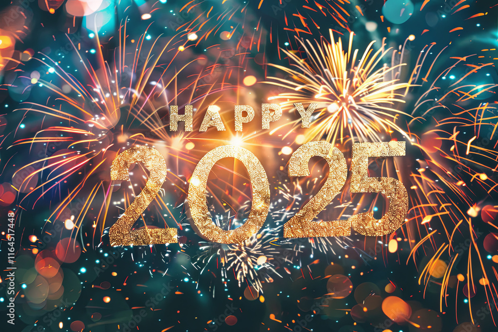 Poster a fireworks display with the number twenty-five written in gold letters