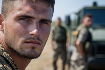 Fototapeta premium A defiant soldier stares directly at the camera with a stoic expression, showcasing strength and resilience, with fellow soldiers in the background emphasizing unity in purpose.
