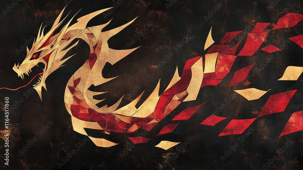 Poster modern geometric dragon design with angular gold and red shapes on a dark textured canvas.