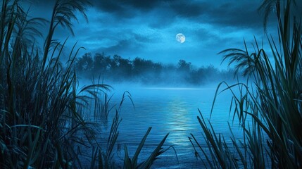 Moonlit lake scene with tall grass and fog.