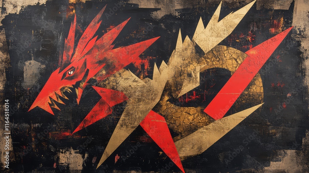 Poster modern geometric dragon design with angular gold and red shapes on a dark textured canvas.