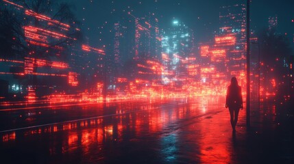 A figure walks through a neon-lit cityscape, immersed in a digital environment.