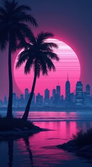 View of a city skyline with palm trees and a pink sunset