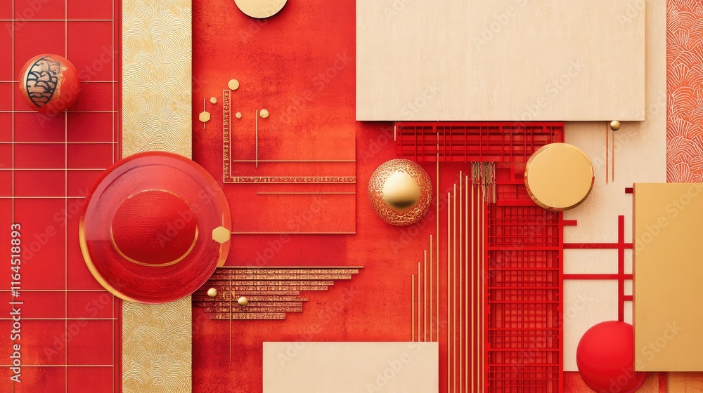 Aufkleber modern minimalist chinese new year abstract composition with geometric red and gold patterns and sym