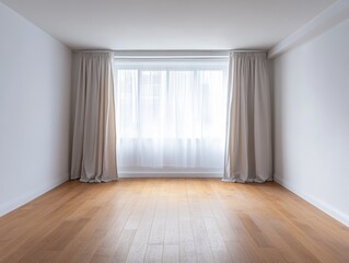 Fototapeta premium A room with a window and white curtains. The curtains are open. The room is empty. The floor is wooden