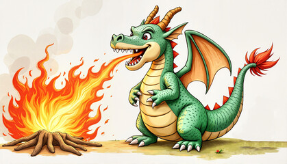 Fototapeta premium Cartoon dragon breathing fire near a campfire