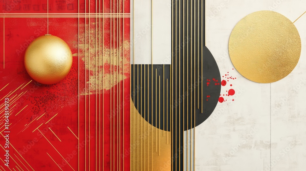 Aufkleber modern minimalist chinese new year abstract composition with geometric red and gold patterns and sym