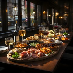 Fototapeta premium Elegant restaurant table adorned with tapas and appetizers in a romantic ambiance - Generative AI.