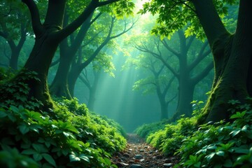 Dense emerald canopy, steamy air, lush vegetation, jungle, ferns, waterfall