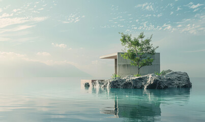 Minimalist podium placed on a peaceful island surrounded by calm waters and greenery. This serene natural setting provides the perfect backdrop for showcasing modern products, artistic displays.