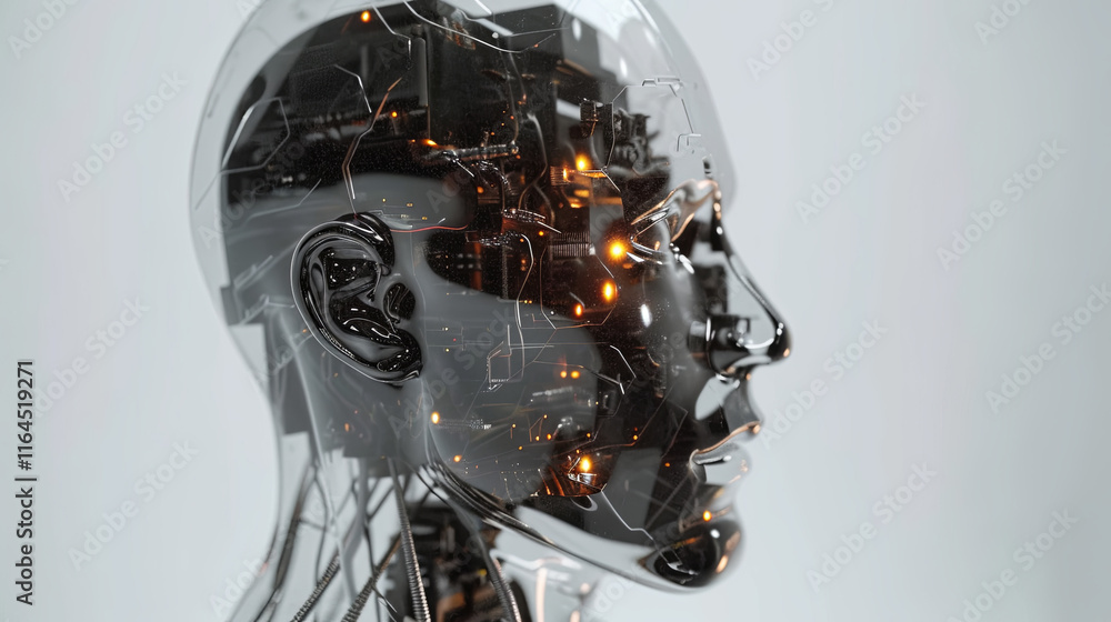 Poster a man's head is made of metal and has a face with a computer chip in it