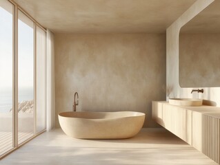 A bathroom with a large bathtub and a sink. The bathroom has a tan wall and a tan floor