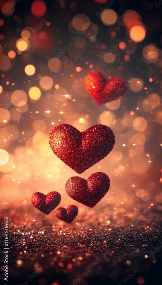 Aufkleber photorealistic bokeh background with glowing heart shapes in red tones and center text space