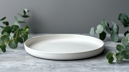 Empty white plate with eucalyptus branches on gray background.