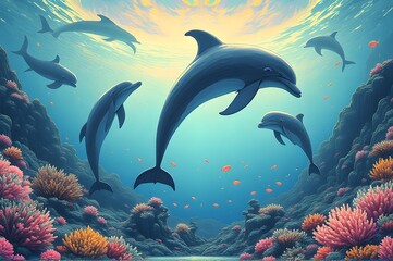 Obraz premium Dolphins Diving in Ethereal Underwater Light Rays