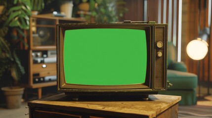 A green television is on a wooden table in a living room