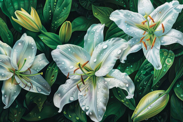 Obraz premium Three white lilies with droplets of water on them