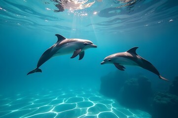 Fototapeta premium Dolphins Gliding in Ethereal Underwater Light