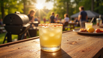 Refreshing cocktail on wooden table at summer barbecue