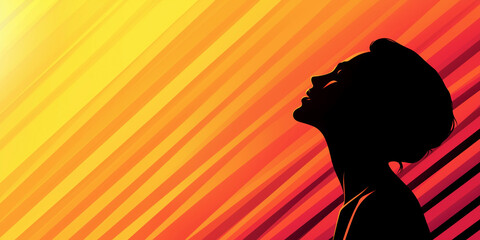 Silhouette of a woman against a vibrant gradient background. Bold orange and yellow diagonal stripes create a warm, dynamic atmosphere highlighting the profile of the figure