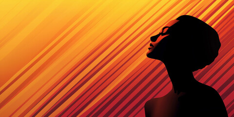 Silhouette of a woman against a warm gradient background. Bold orange and yellow diagonal stripes enhance the modern and dynamic composition