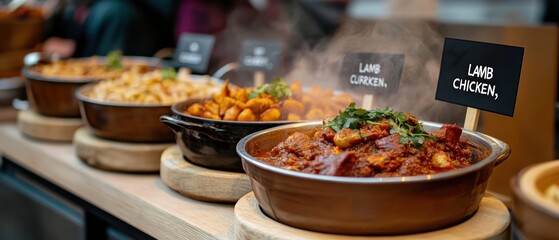 Fototapeta premium A table with a variety of food, including lamb, chicken, and curry