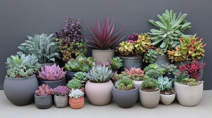 Fototapeta premium Collection of succulents in various pots against a gray wall.