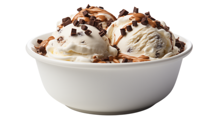 Creamy chocolate chip ice cream scoop in a paper cup, highlighting frozen desserts and indulgent treats, studio view, isolated on transparent background.