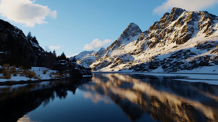 Fototapeta premium A beautiful mountain range with a calm lake in the foreground. generated using AI