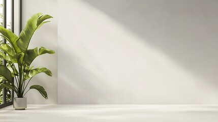 Minimalist room interior with potted plant and sunlight