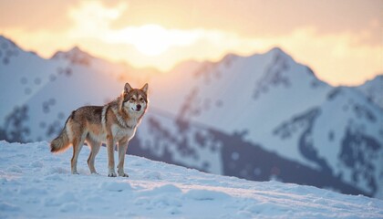 Fototapeta premium Lone wolf standing in snowy mountains at dawn, nature's majesty