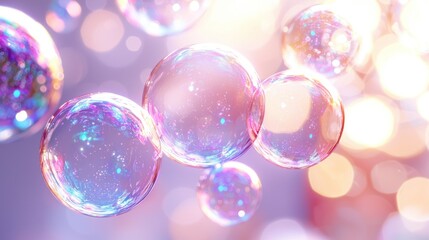 Floating iridescent soap bubbles on a pastel background.