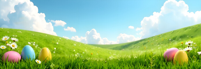 Vibrant Easter eggs rest in lush green grass, surrounded by cheerful daisies under a bright blue sky